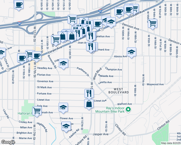 map of restaurants, bars, coffee shops, grocery stores, and more near 3396 West 105th Street in Cleveland