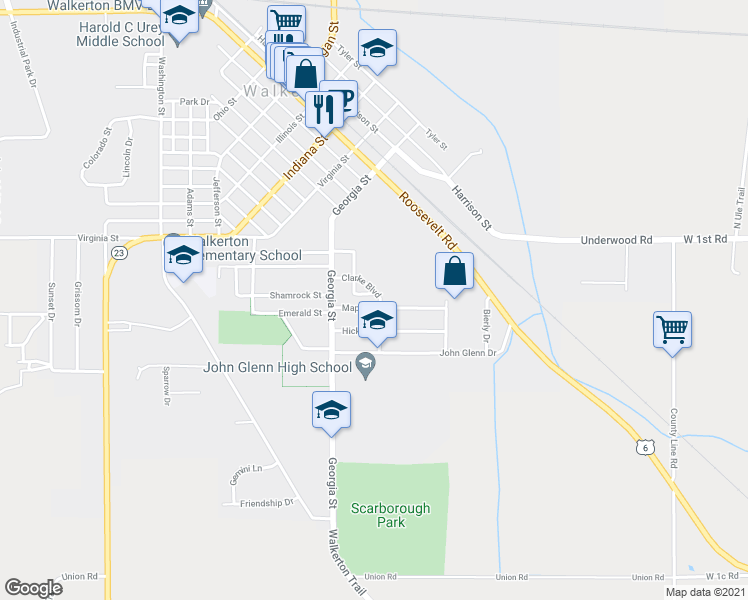 map of restaurants, bars, coffee shops, grocery stores, and more near 208 Maple Street in Walkerton
