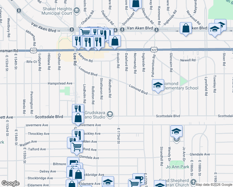 map of restaurants, bars, coffee shops, grocery stores, and more near 3662 Avalon Road in Shaker Heights