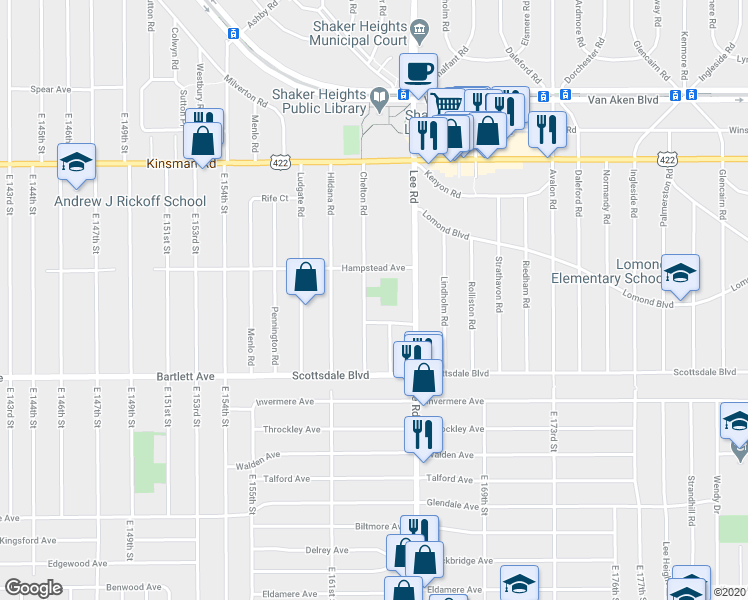 map of restaurants, bars, coffee shops, grocery stores, and more near 3659 Chelton Road in Shaker Heights