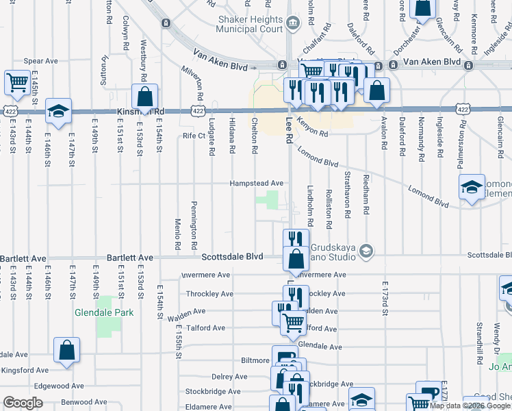 map of restaurants, bars, coffee shops, grocery stores, and more near 3659 Chelton Road in Shaker Heights