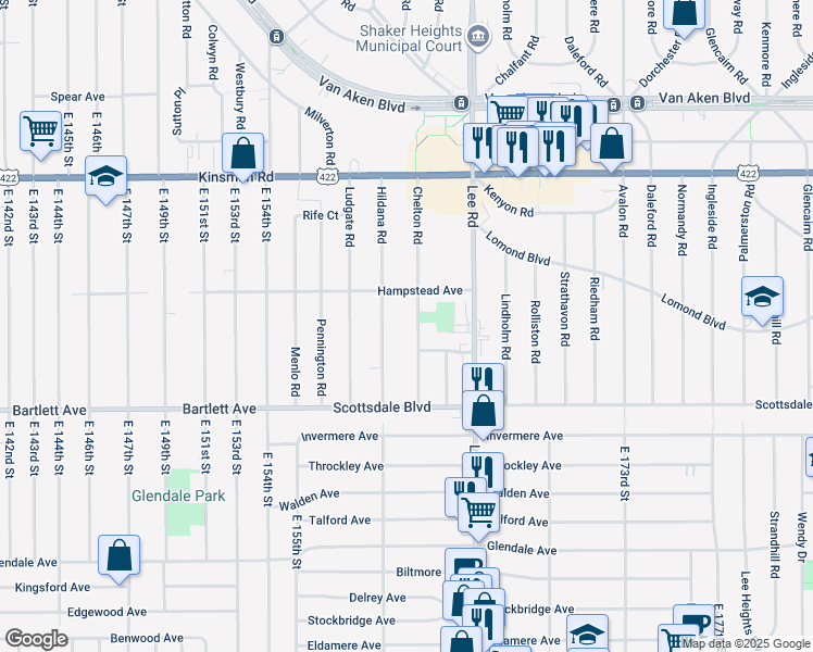 map of restaurants, bars, coffee shops, grocery stores, and more near 3659 Chelton Road in Shaker Heights