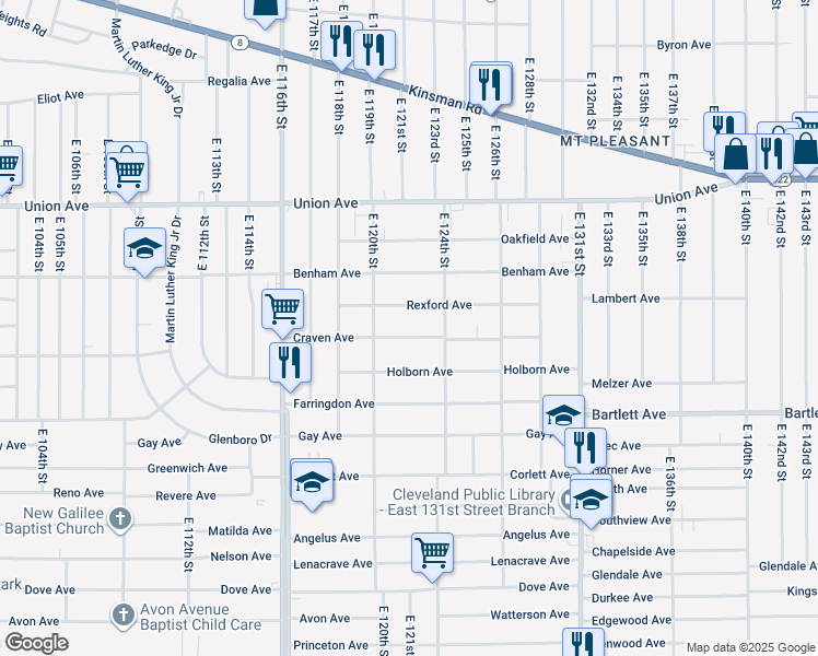 map of restaurants, bars, coffee shops, grocery stores, and more near 12101 Craven Avenue in Cleveland