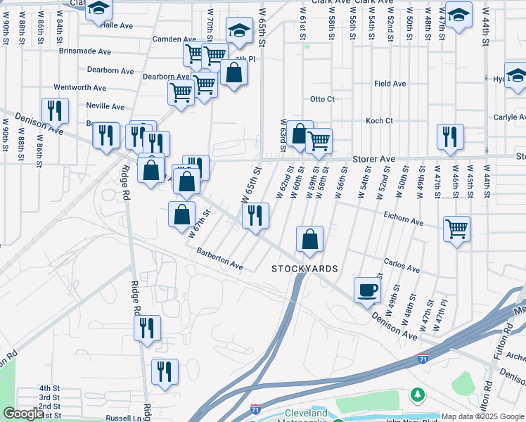 map of restaurants, bars, coffee shops, grocery stores, and more near 3468 West 63rd Street in Cleveland