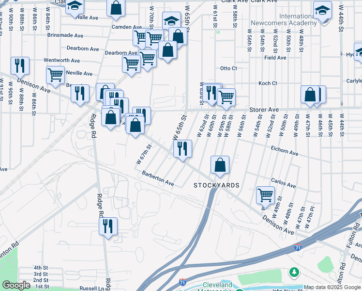 map of restaurants, bars, coffee shops, grocery stores, and more near 3468 West 63rd Street in Cleveland