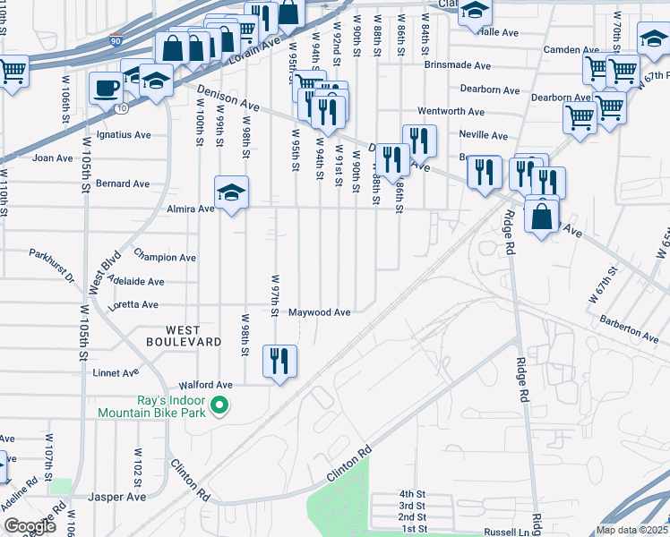 map of restaurants, bars, coffee shops, grocery stores, and more near 3452 West 91st Street in Cleveland