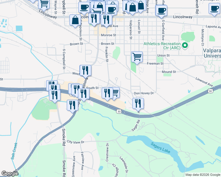 map of restaurants, bars, coffee shops, grocery stores, and more near Nickle Plate Avenue in Valparaiso
