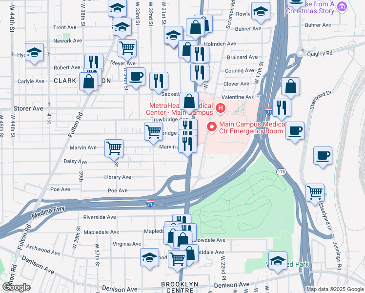 map of restaurants, bars, coffee shops, grocery stores, and more near 2700 Marvin Avenue in Cleveland