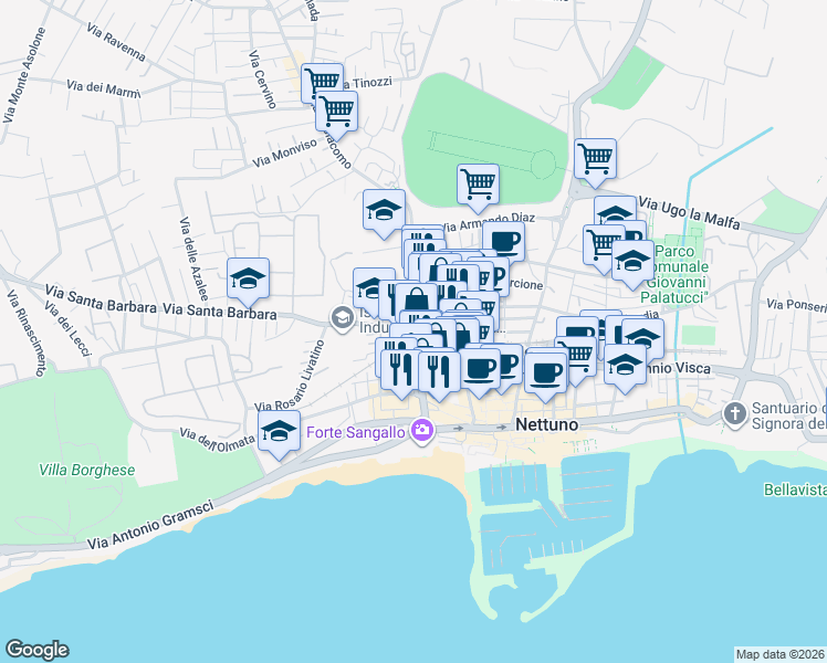 map of restaurants, bars, coffee shops, grocery stores, and more near 43 Via Sangallo Forte in Nettuno