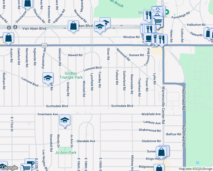 map of restaurants, bars, coffee shops, grocery stores, and more near 3662 Stoer Road in Shaker Heights