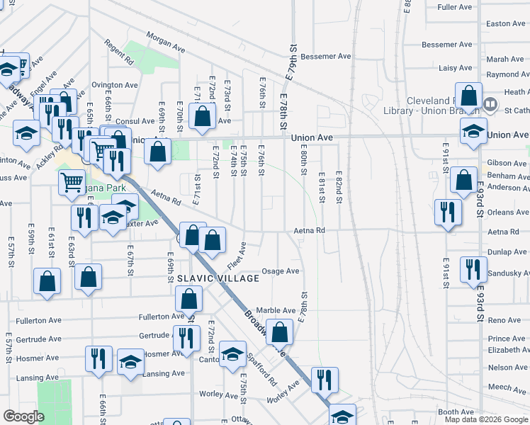 map of restaurants, bars, coffee shops, grocery stores, and more near 3621 East 76th Street in Cleveland