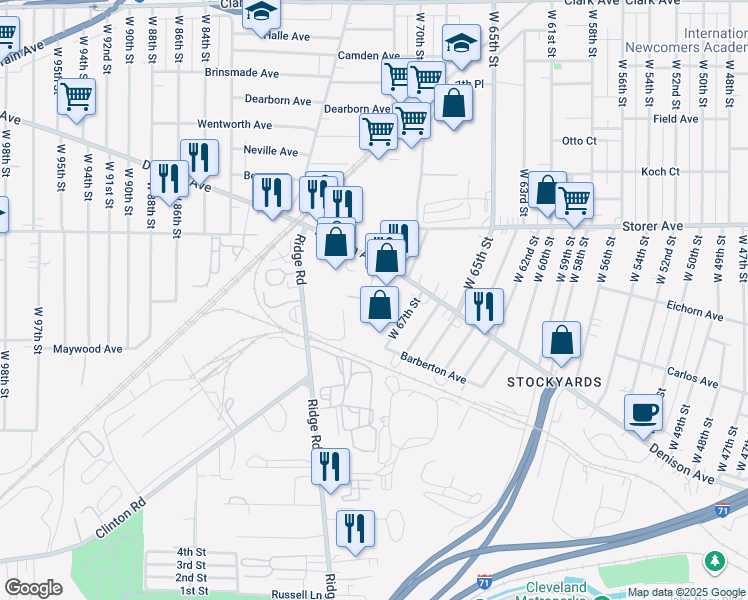 map of restaurants, bars, coffee shops, grocery stores, and more near 3565 West 69th Street in Cleveland