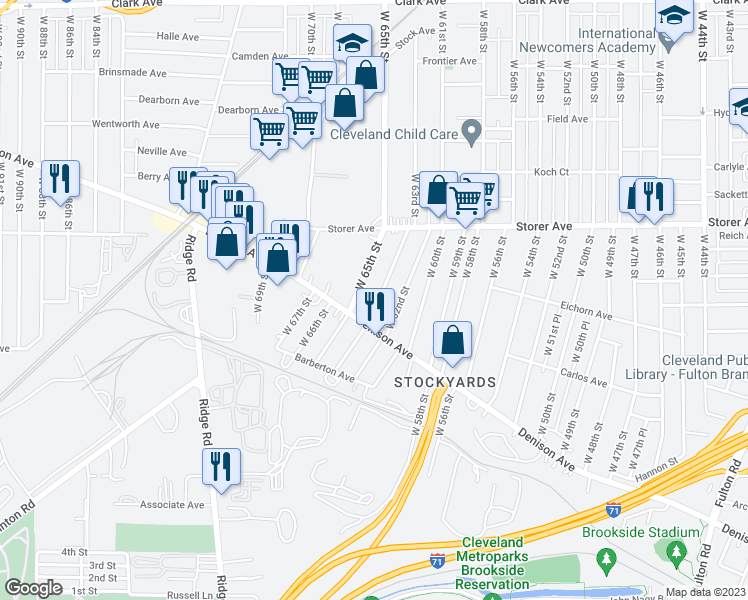 map of restaurants, bars, coffee shops, grocery stores, and more near 3468 West 63rd Street in Cleveland