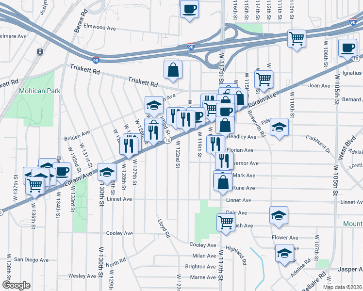 map of restaurants, bars, coffee shops, grocery stores, and more near 3403 West 122nd Street in Cleveland