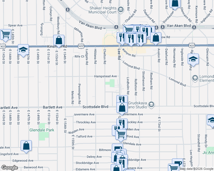 map of restaurants, bars, coffee shops, grocery stores, and more near 3659 Chelton Road in Shaker Heights