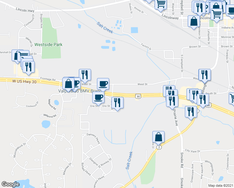 map of restaurants, bars, coffee shops, grocery stores, and more near 1098 West Morthland Drive in Valparaiso