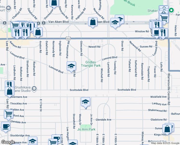 map of restaurants, bars, coffee shops, grocery stores, and more near 3661 Gridley Road in Shaker Heights