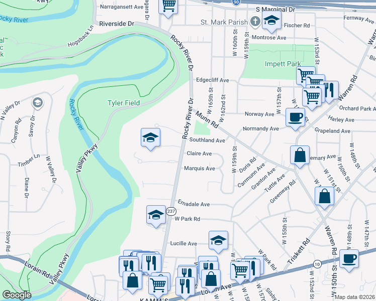 map of restaurants, bars, coffee shops, grocery stores, and more near 3419 Rocky River Drive in Cleveland