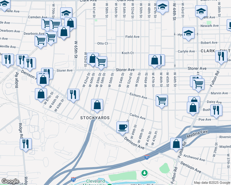 map of restaurants, bars, coffee shops, grocery stores, and more near 3468 West 54th Street in Cleveland