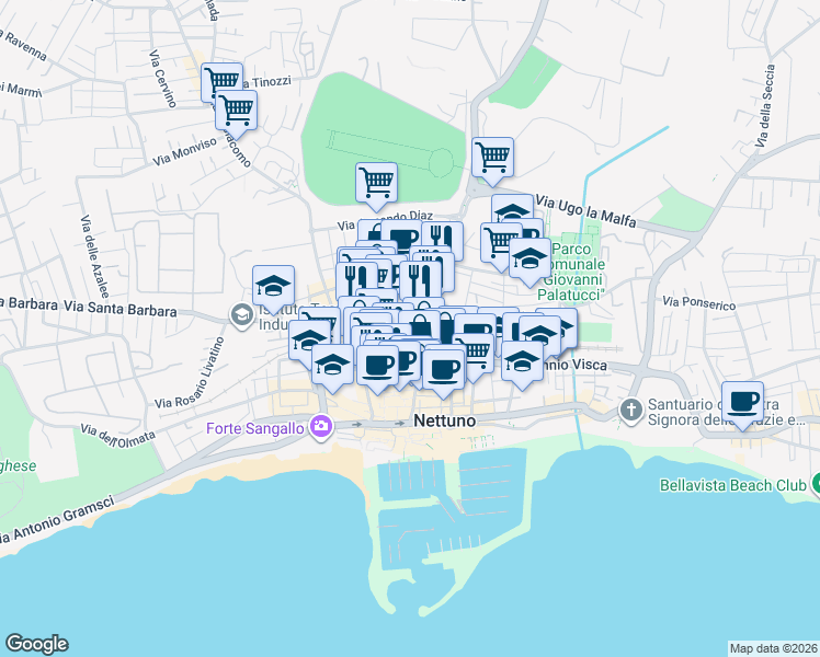 map of restaurants, bars, coffee shops, grocery stores, and more near 86 Via Santa Maria in Nettuno