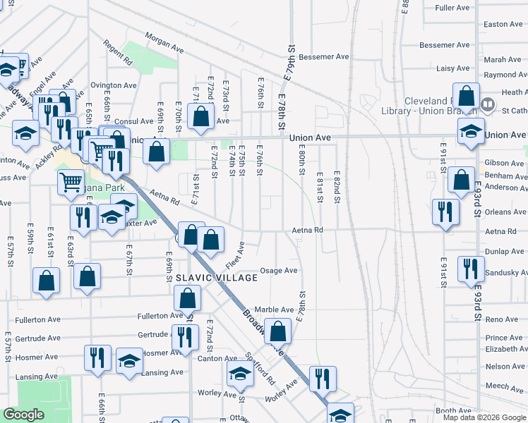 map of restaurants, bars, coffee shops, grocery stores, and more near 3619 East 76th Street in Cleveland