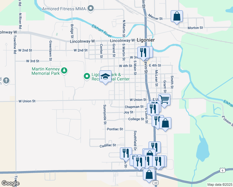 map of restaurants, bars, coffee shops, grocery stores, and more near 703 Grand Street in Ligonier