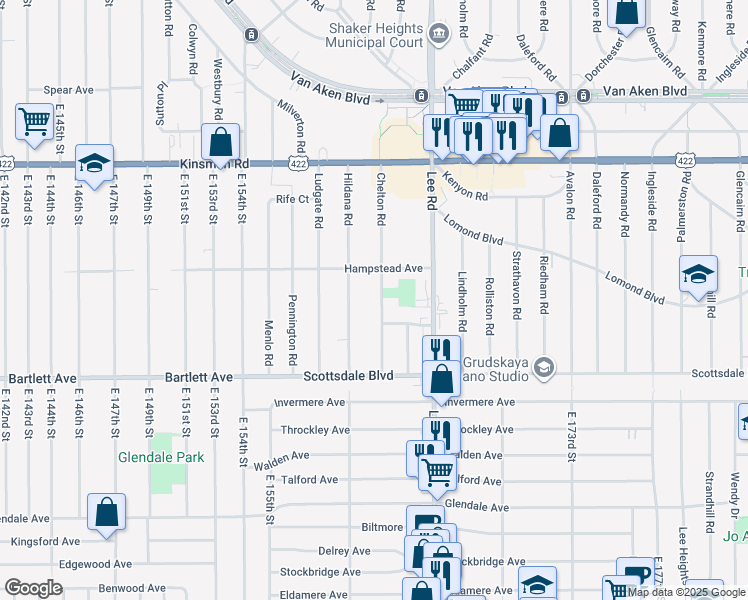 map of restaurants, bars, coffee shops, grocery stores, and more near 3659 Chelton Road in Shaker Heights
