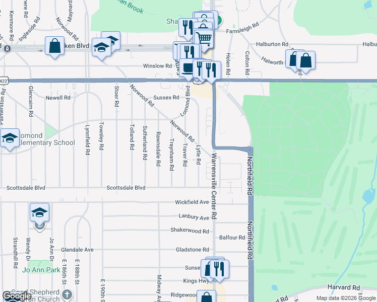 map of restaurants, bars, coffee shops, grocery stores, and more near 3661 Traver Road in Shaker Heights