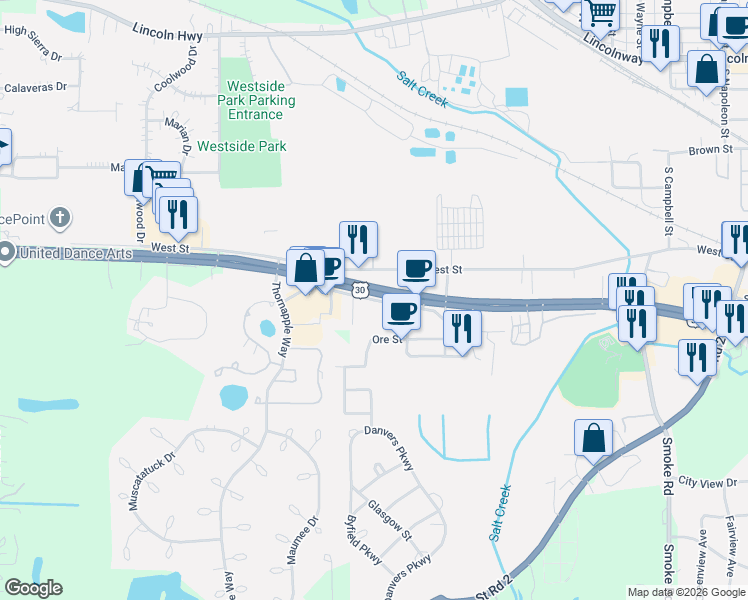 map of restaurants, bars, coffee shops, grocery stores, and more near Peterson Dr in Valparaiso