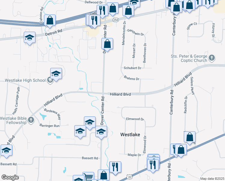 map of restaurants, bars, coffee shops, grocery stores, and more near 24404 Hilliard Boulevard in Westlake