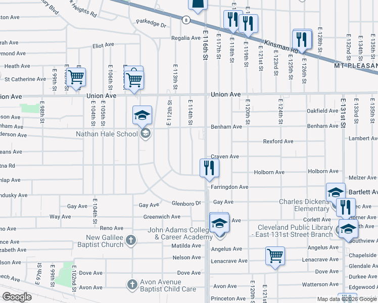 map of restaurants, bars, coffee shops, grocery stores, and more near 3630 East 114th Street in Cleveland