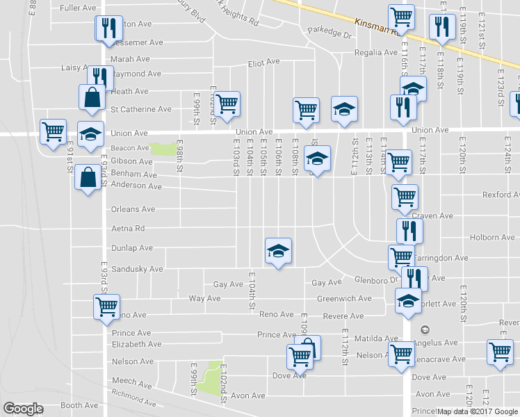 map of restaurants, bars, coffee shops, grocery stores, and more near 3622 East 105th Street in Cleveland