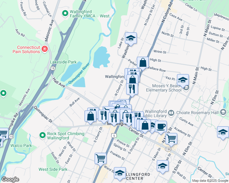 map of restaurants, bars, coffee shops, grocery stores, and more near 120 North Cherry Street in Wallingford