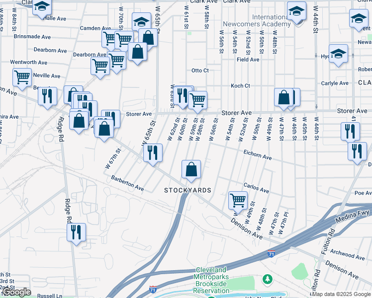 map of restaurants, bars, coffee shops, grocery stores, and more near 3466 West 59th Street in Cleveland