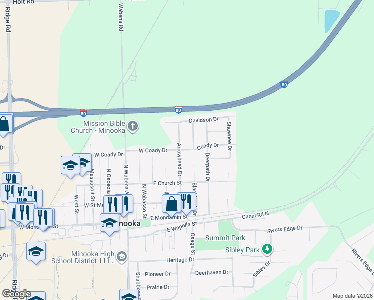 map of restaurants, bars, coffee shops, grocery stores, and more near 400 Coady Drive in Minooka