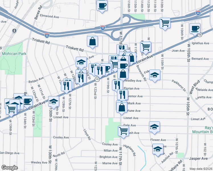 map of restaurants, bars, coffee shops, grocery stores, and more near 3404 West 119th Street in Cleveland