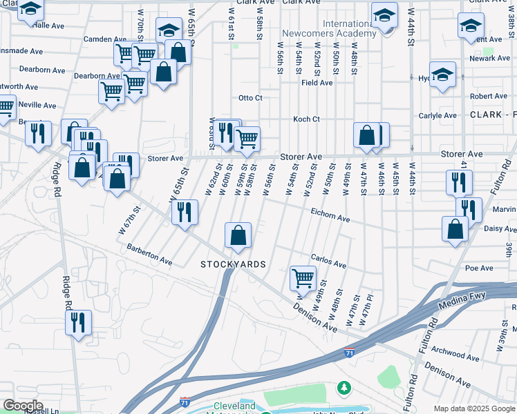 map of restaurants, bars, coffee shops, grocery stores, and more near 3466 West 56th Street in Cleveland