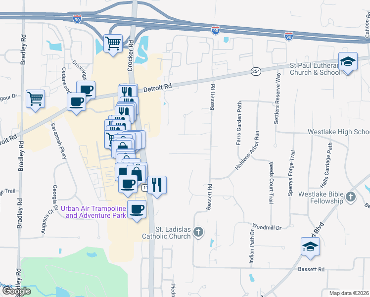 map of restaurants, bars, coffee shops, grocery stores, and more near 29282 Sunset Dr in Westlake