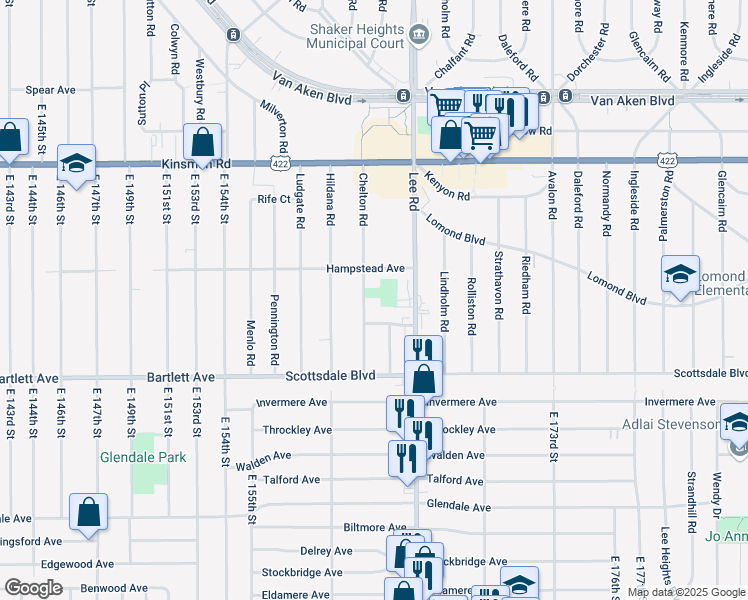 map of restaurants, bars, coffee shops, grocery stores, and more near 3659 Chelton Road in Shaker Heights