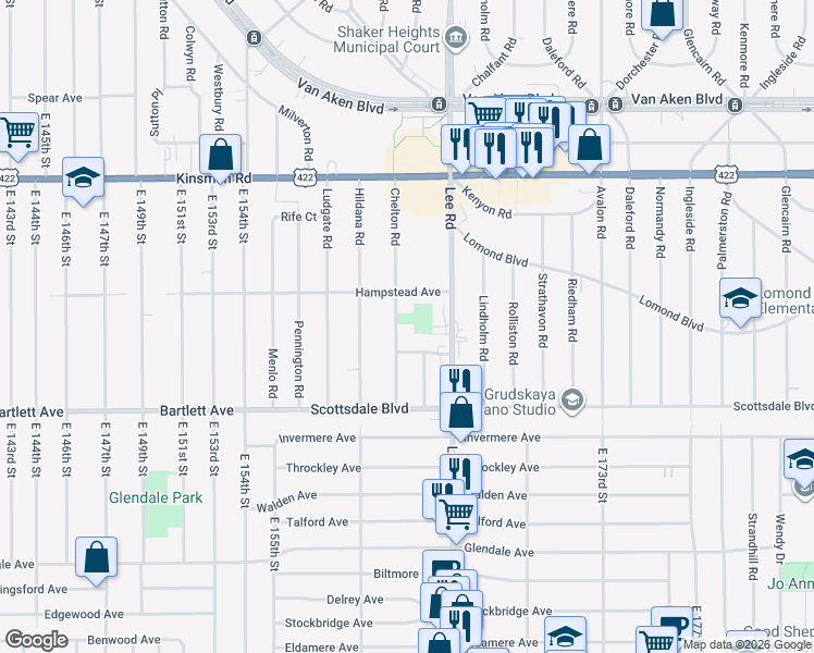 map of restaurants, bars, coffee shops, grocery stores, and more near 3659 Chelton Road in Shaker Heights