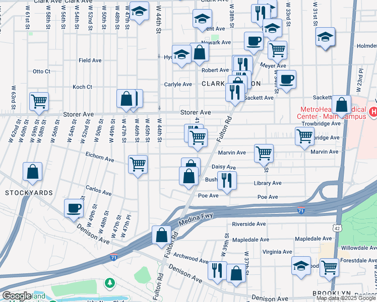 map of restaurants, bars, coffee shops, grocery stores, and more near 4134 Marvin Avenue in Cleveland