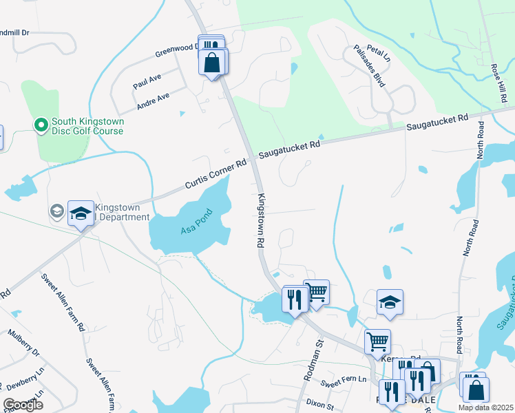 map of restaurants, bars, coffee shops, grocery stores, and more near 1676 Kingstown Road in South Kingstown