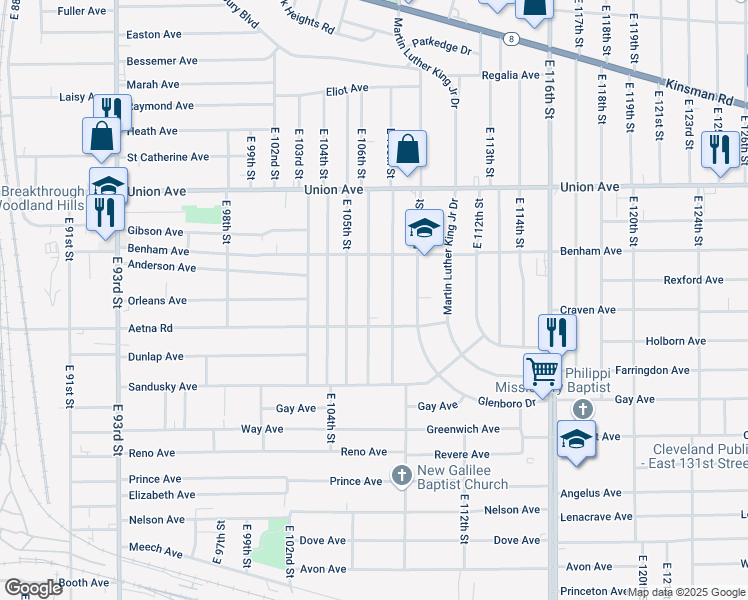 map of restaurants, bars, coffee shops, grocery stores, and more near 3627 East 106th Street in Cleveland