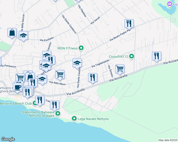 map of restaurants, bars, coffee shops, grocery stores, and more near 4B Via Sacco in Nettuno