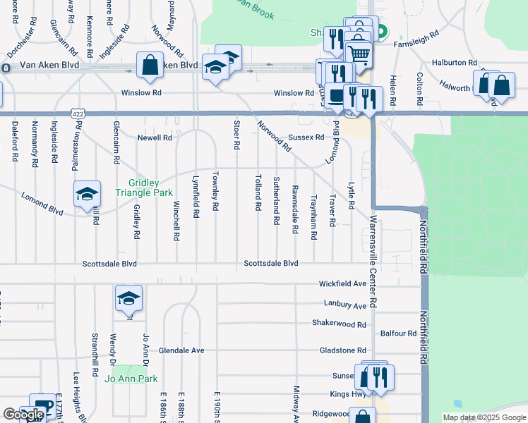 map of restaurants, bars, coffee shops, grocery stores, and more near 3661 Tolland Rd in Shaker Heights