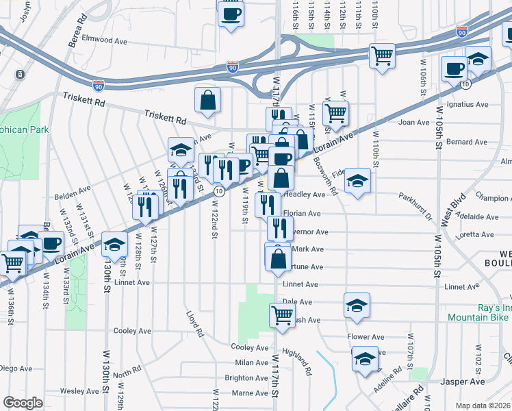 map of restaurants, bars, coffee shops, grocery stores, and more near 3403 West 118th Street in Cleveland
