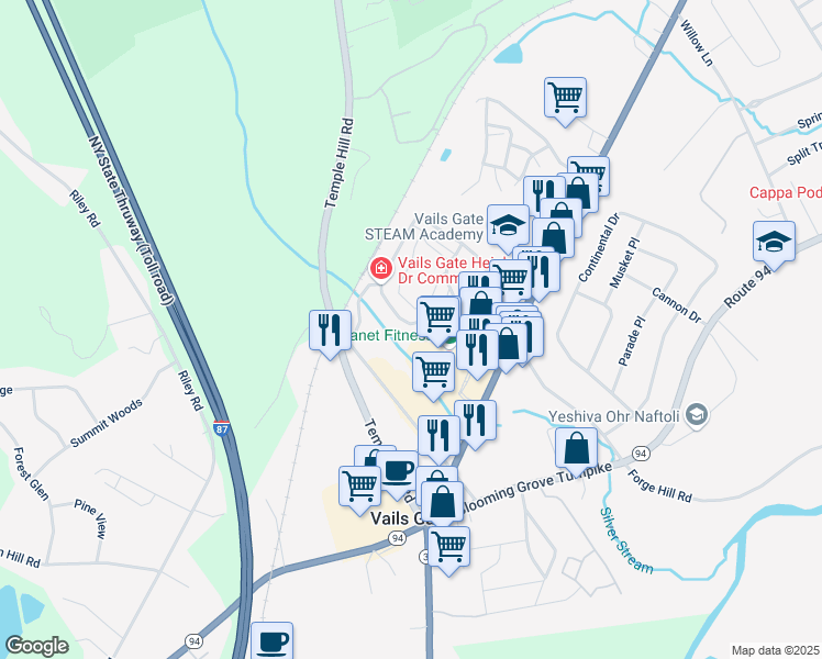 map of restaurants, bars, coffee shops, grocery stores, and more near 93 Vails Gate Heights Drive in New Windsor