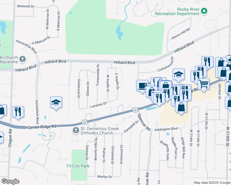 map of restaurants, bars, coffee shops, grocery stores, and more near 2774 East Asplin Drive in Rocky River