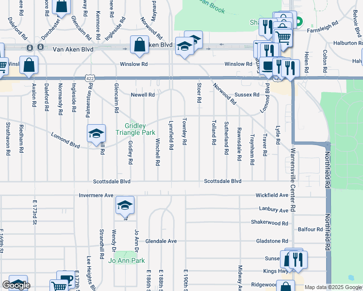 map of restaurants, bars, coffee shops, grocery stores, and more near 3658 Townley Road in Shaker Heights