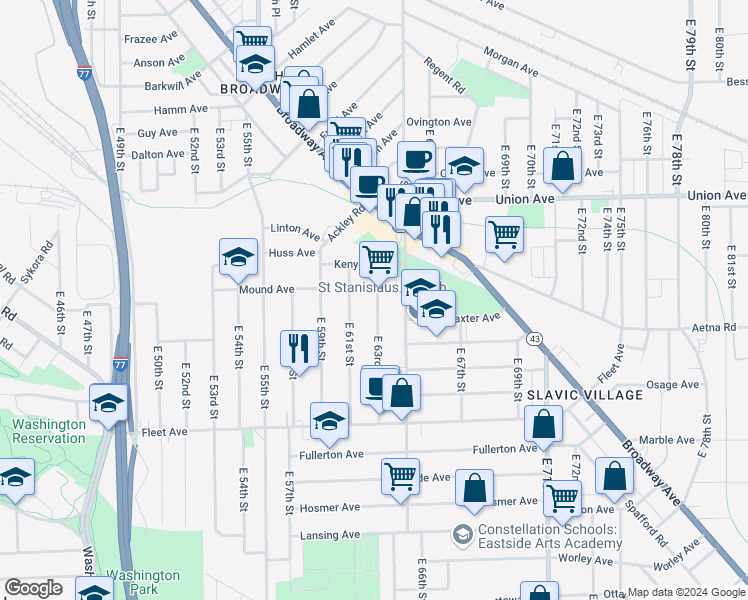 map of restaurants, bars, coffee shops, grocery stores, and more near 6212 Heisley Avenue in Cleveland